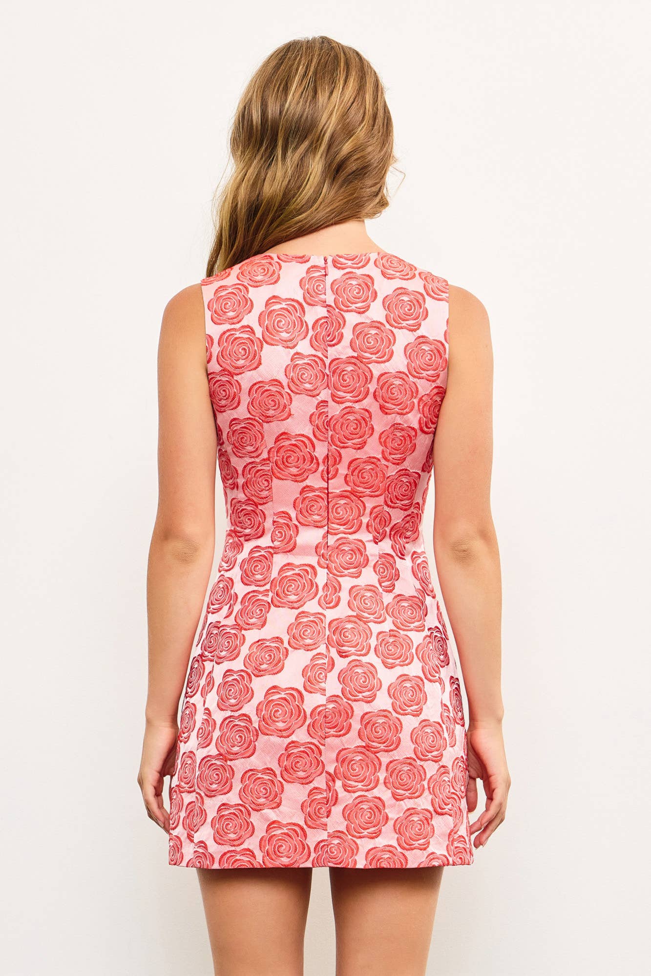 FRONT BOW DETAILED JACQUARD FLORAL SLEEVELESS DRESS: POPPY RED