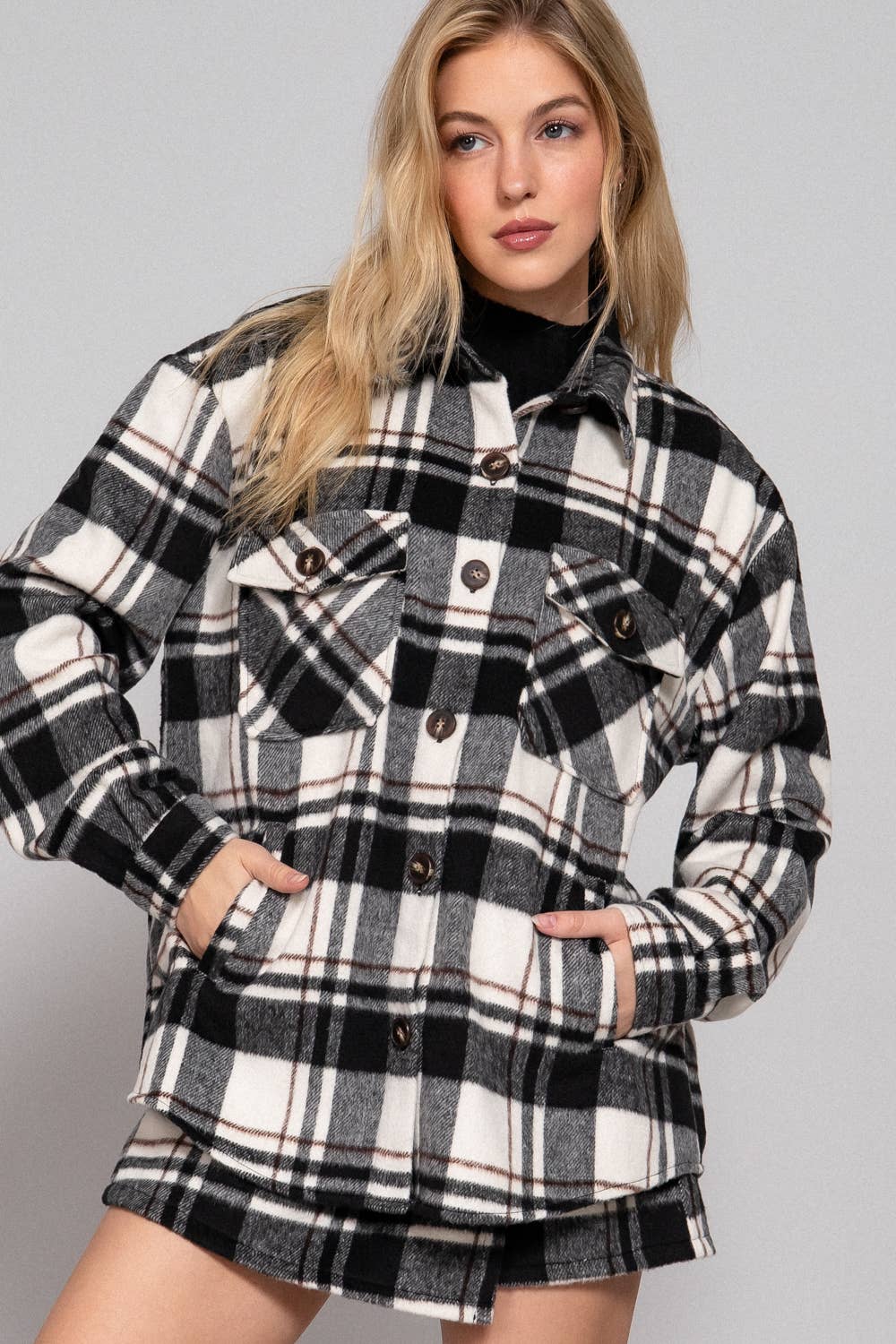 Long Sleeve Wool Blend Plaid Button Down Casual Jacket :black/brown