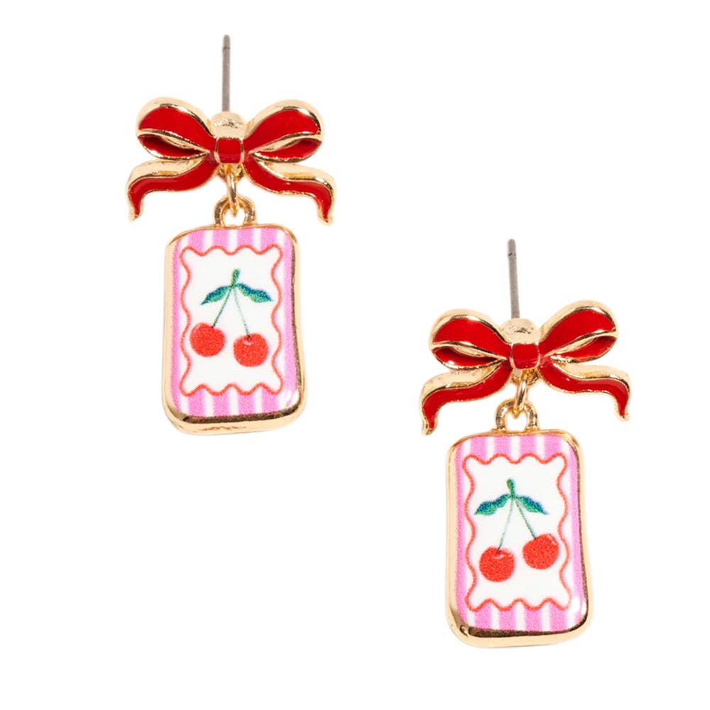Bow Cherry Print Rectangle Frame Drop Earrings: Pink,Red