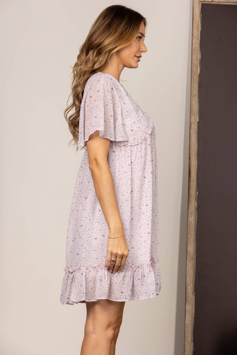 BLUSH CHIFFON FLORAL BELL SLEEVES RUFFLED MINI DRESS
