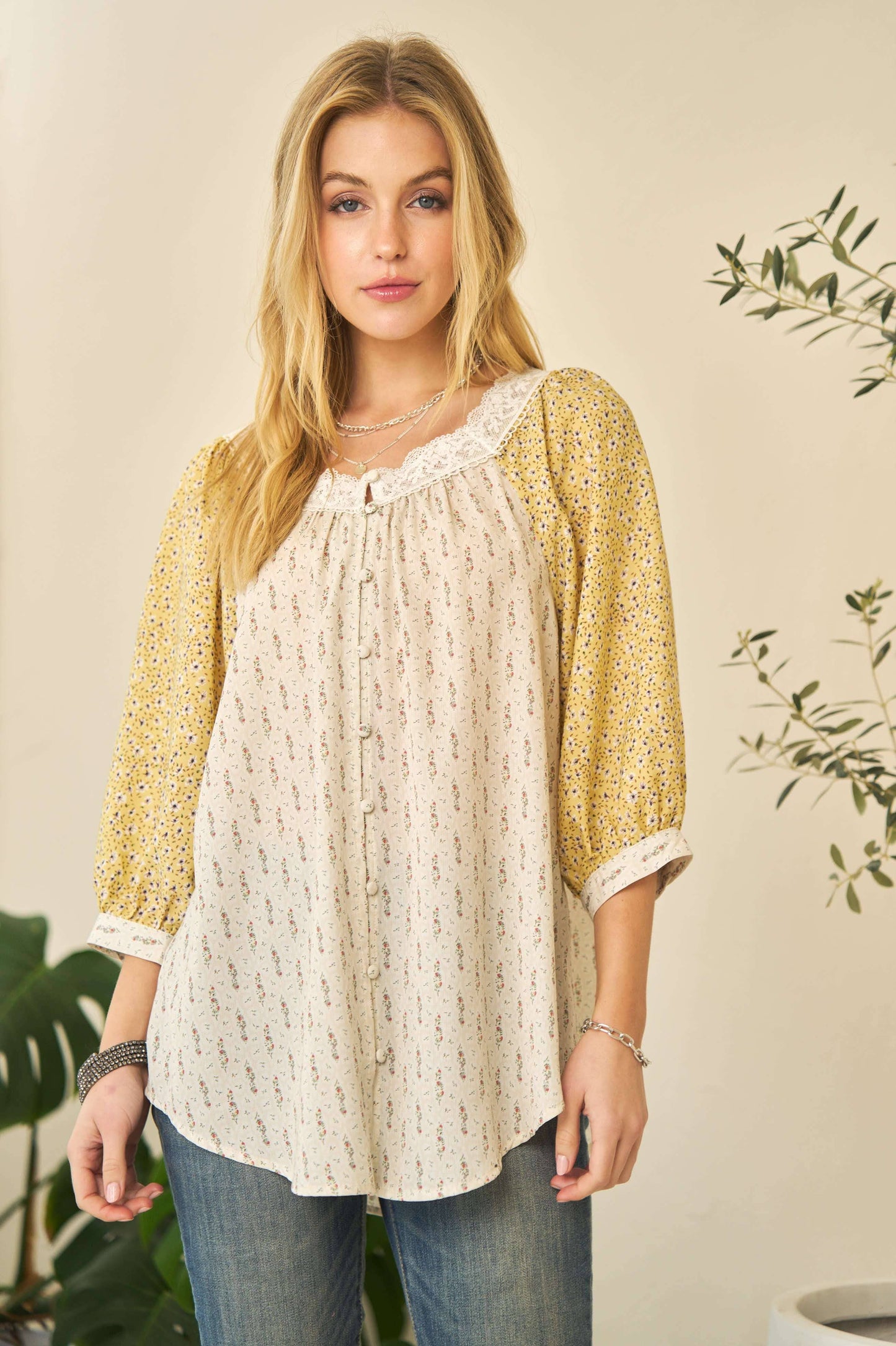 PLUS FLORAL PRINTED BUTTON DOWN LOOSE TOP