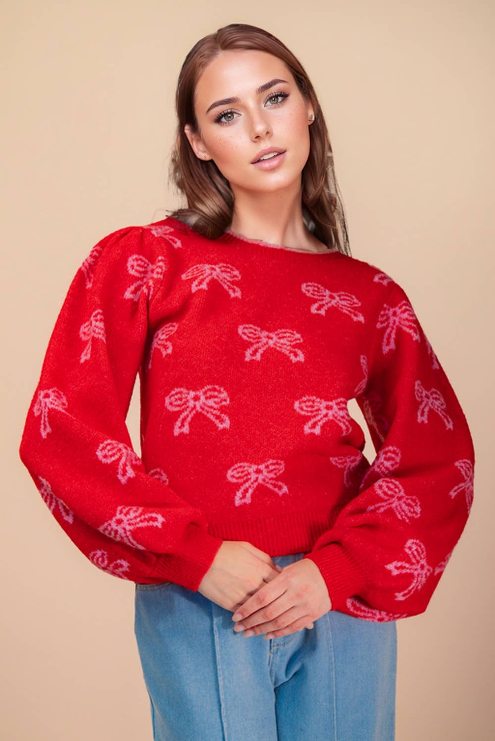 Bow Printed Puff Shoulder Knit Sweater