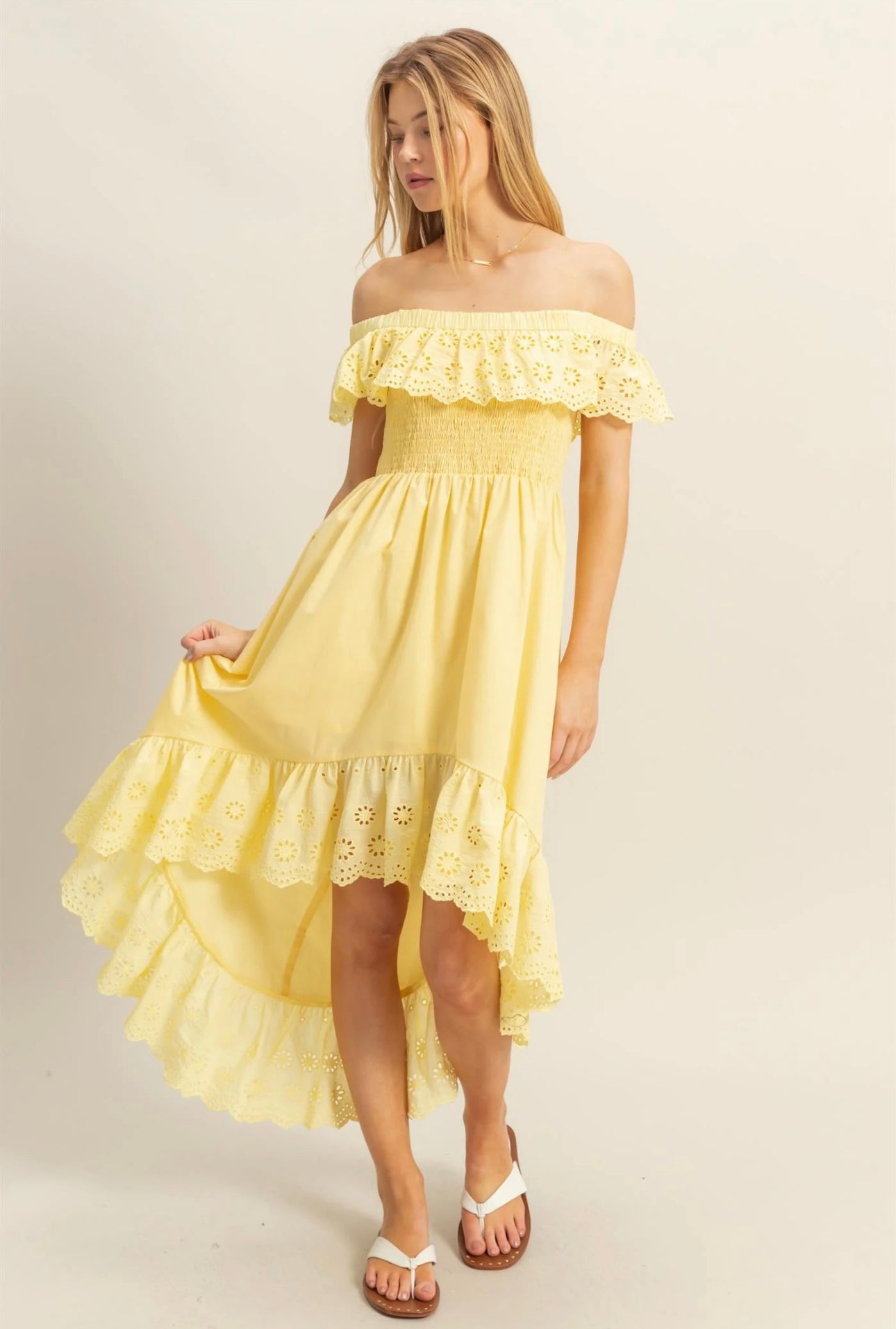 Smocked Bodice High-Low Hem Midi Dress