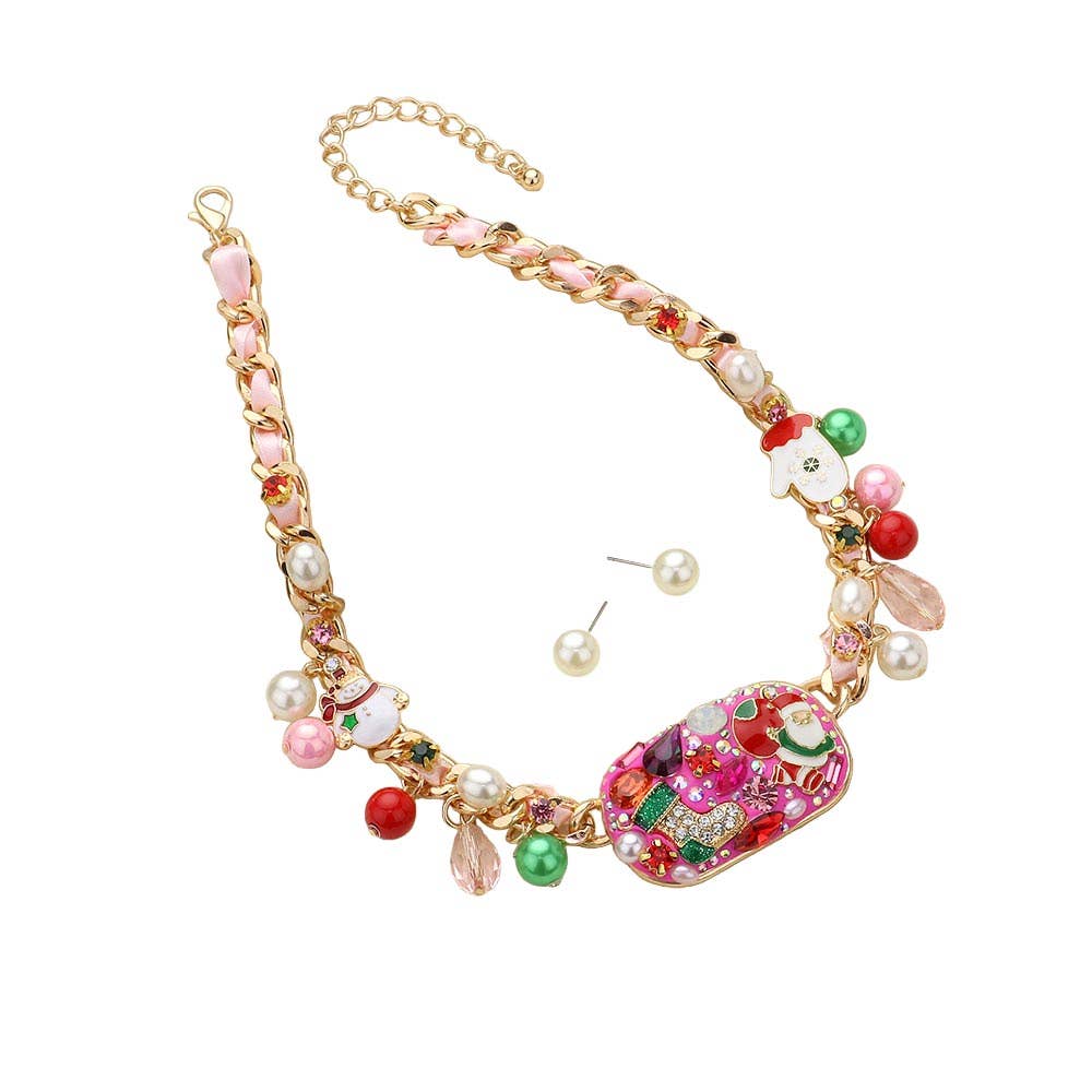 Christmas Plate Pendant Charm Ribbon Twisted Chain Necklace