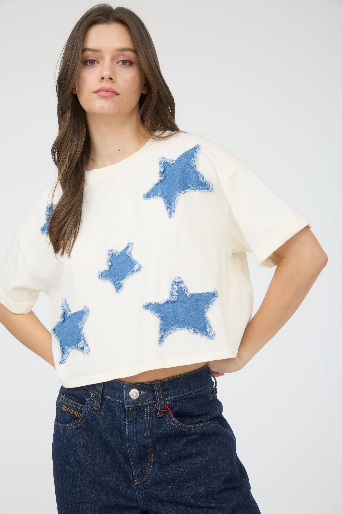 DENIM STAR PATCH SHORT SLEEVE KNIT T-SHIRT: NAVY
