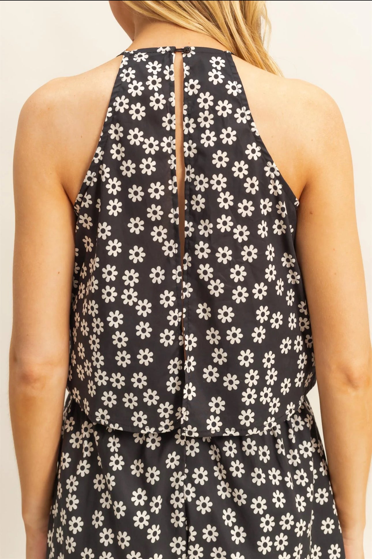 Ditsy Print Halter Neck Open Back Romper