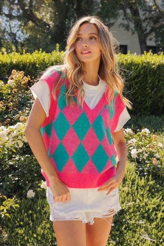 PINK ARGYLE PRINT SLEEVELESS SWEATER VEST
