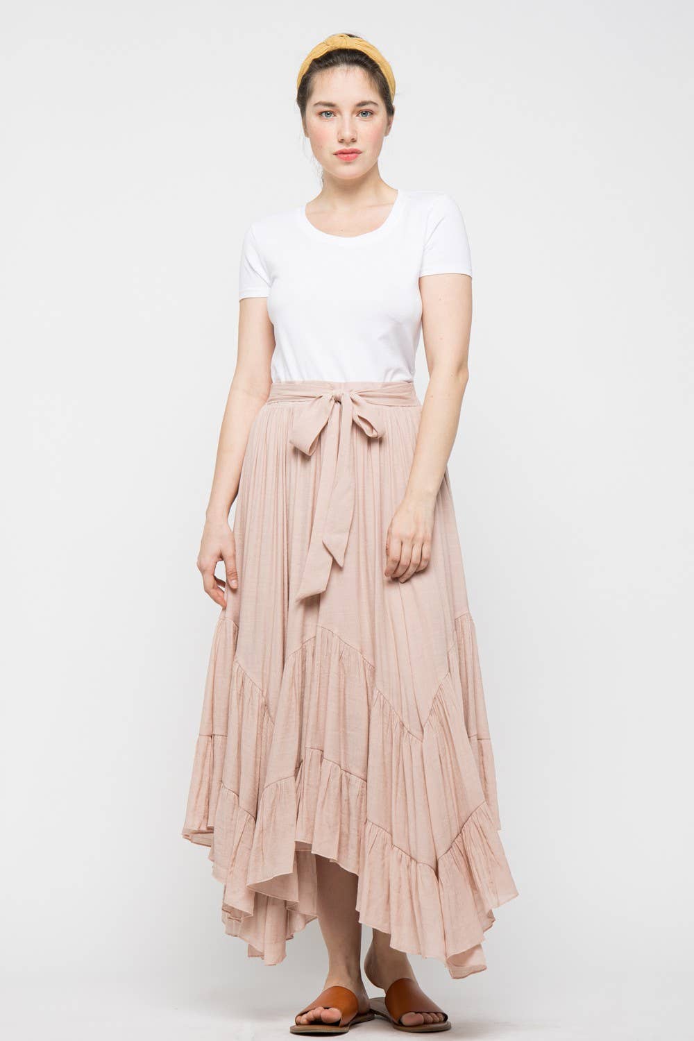 PEACH CREAM GAUZY SELF-TIE ELASTIC WAISTBAND MAXI SKIRT