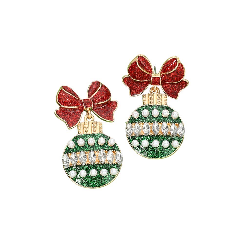 Christmas Bow Ornament Drop Earrings: Gold,Pink,White