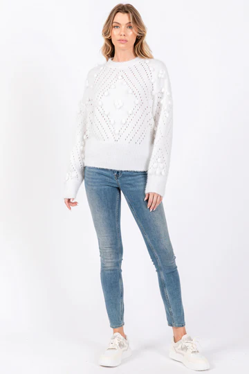 WHITE MOHAIR POM POM SWEATER