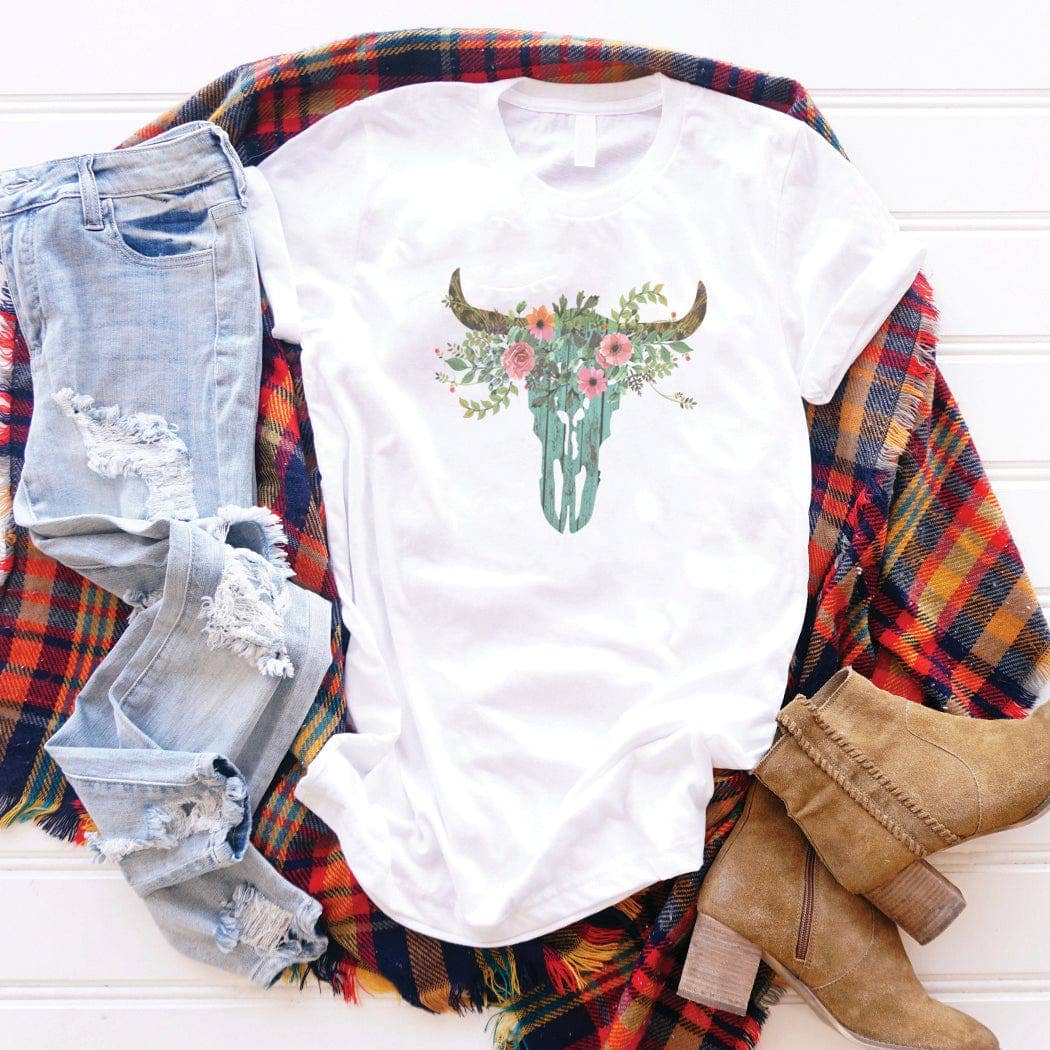 Wooden Cow Skull Western Graphic T-Shirt - WE125: Bella Canvas 50/50 White / L
