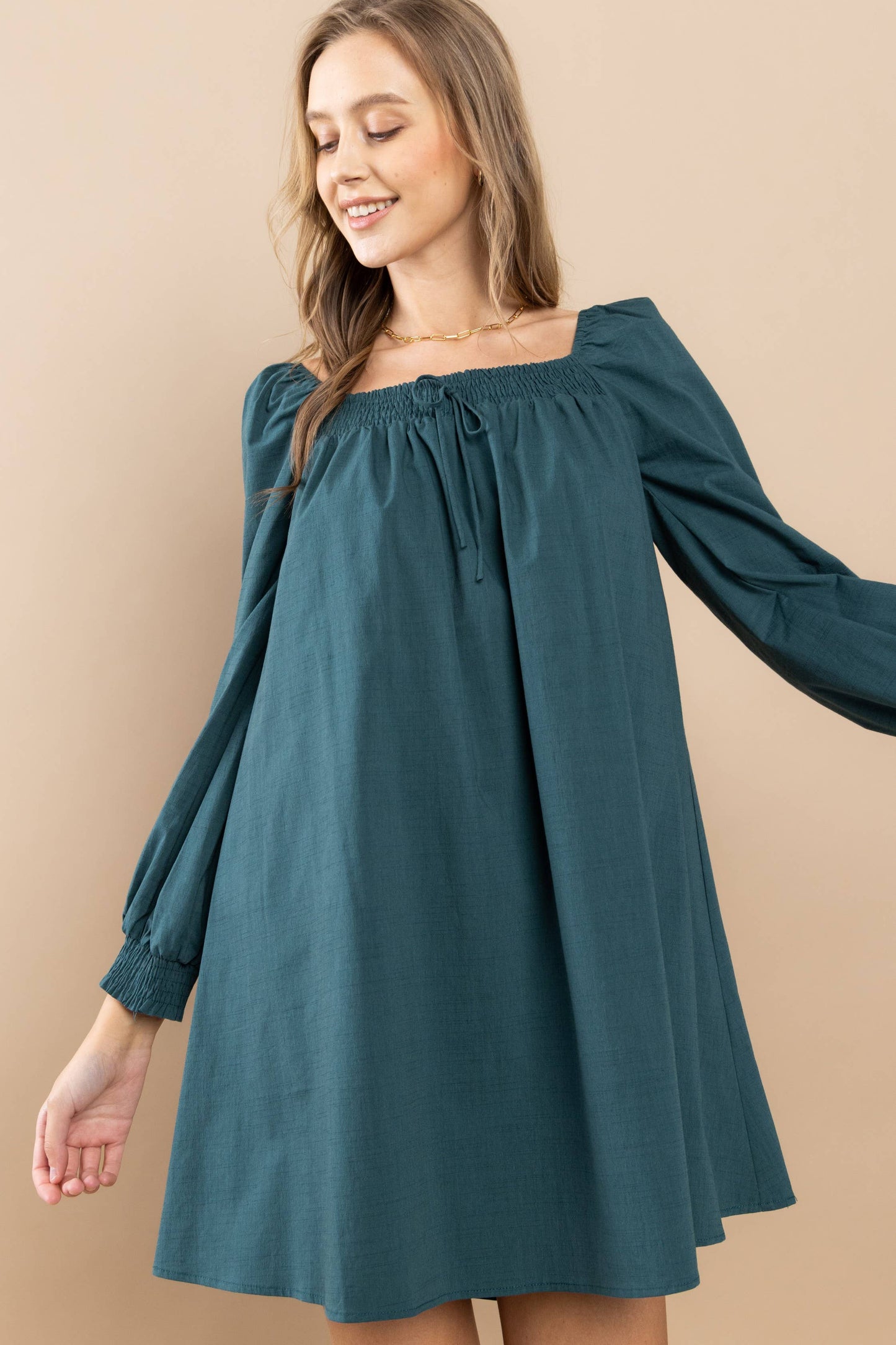 Smocked On-Off Shoulder Dress: Dark Teal