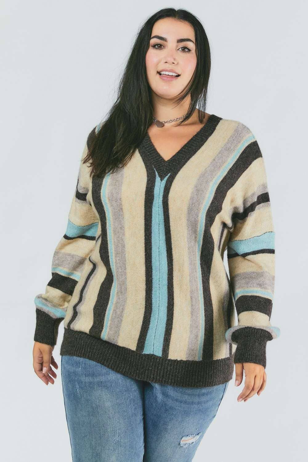 PLUS STRIPED V NECK SWEATER