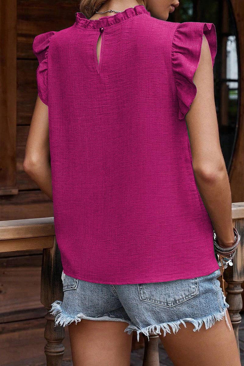 RUFFLE SLEEVE PLEATED SHORT SLEEVE TOP