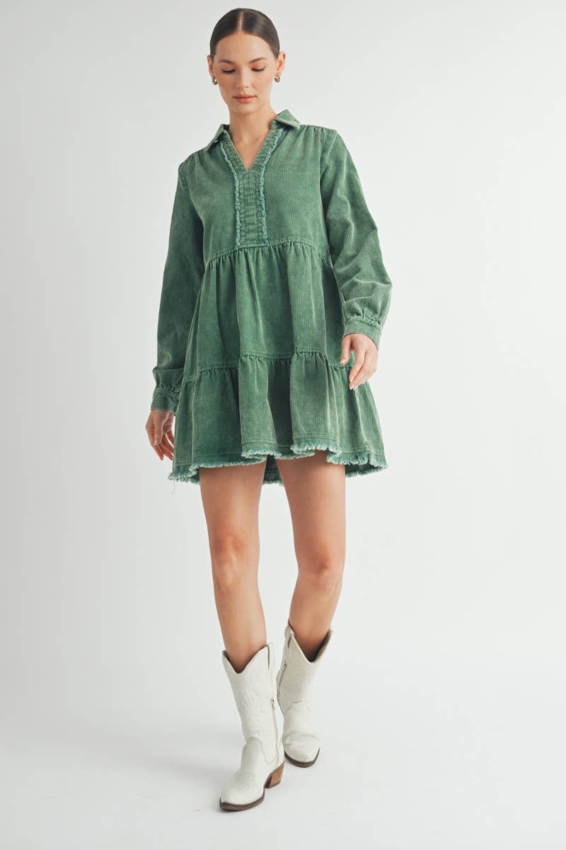 Mineral Wash Corduroy Tiered Dress