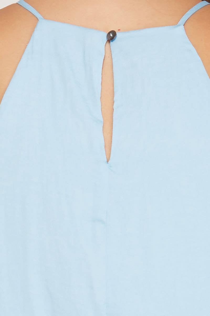 Carolina Blue Sleeveless Ruffled Hem Satin Mini Dress