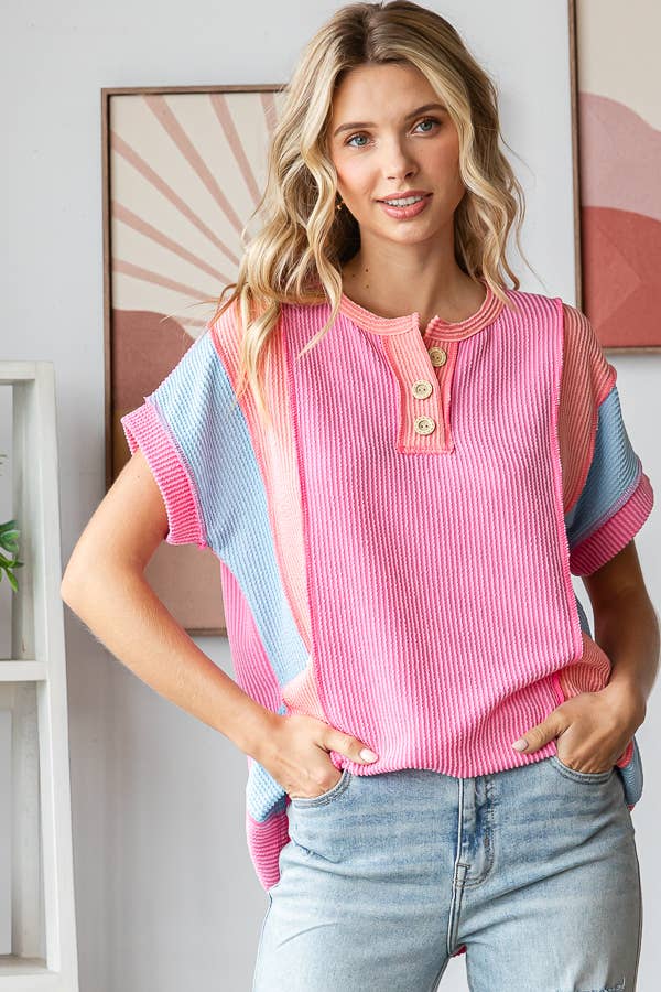 Women's Twist Rib Color Block Knit Top T5498: Pink / S