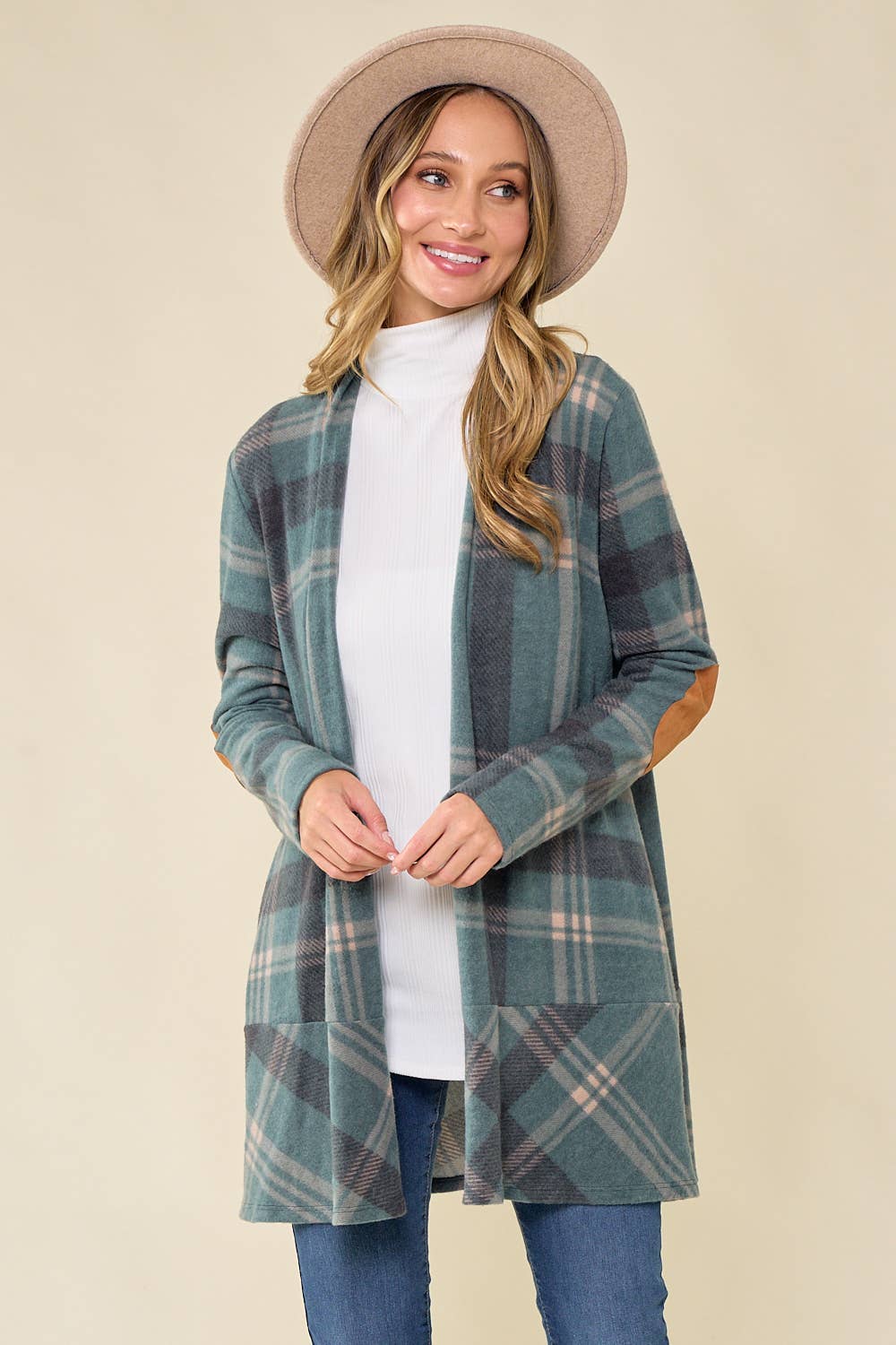 Plaid Hacci Cardi w Suede Elbow Patches