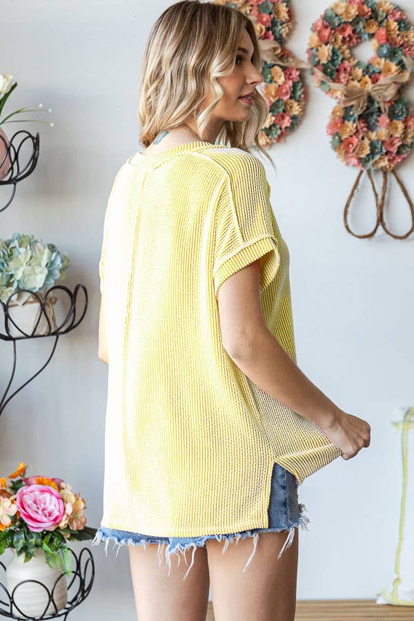 Plus V-Neck Twist Rib Knit Top: Citron