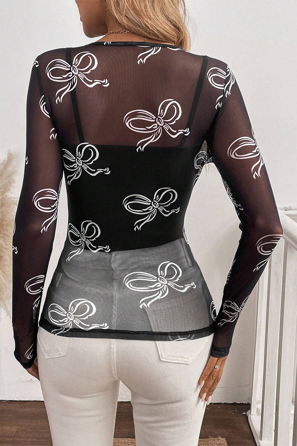 Big Bow Print Long Sleeve Mesh Top