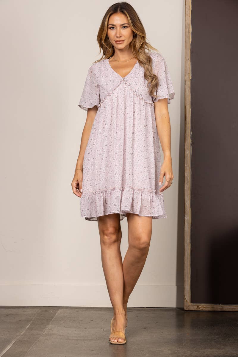 BLUSH CHIFFON FLORAL BELL SLEEVES RUFFLED MINI DRESS