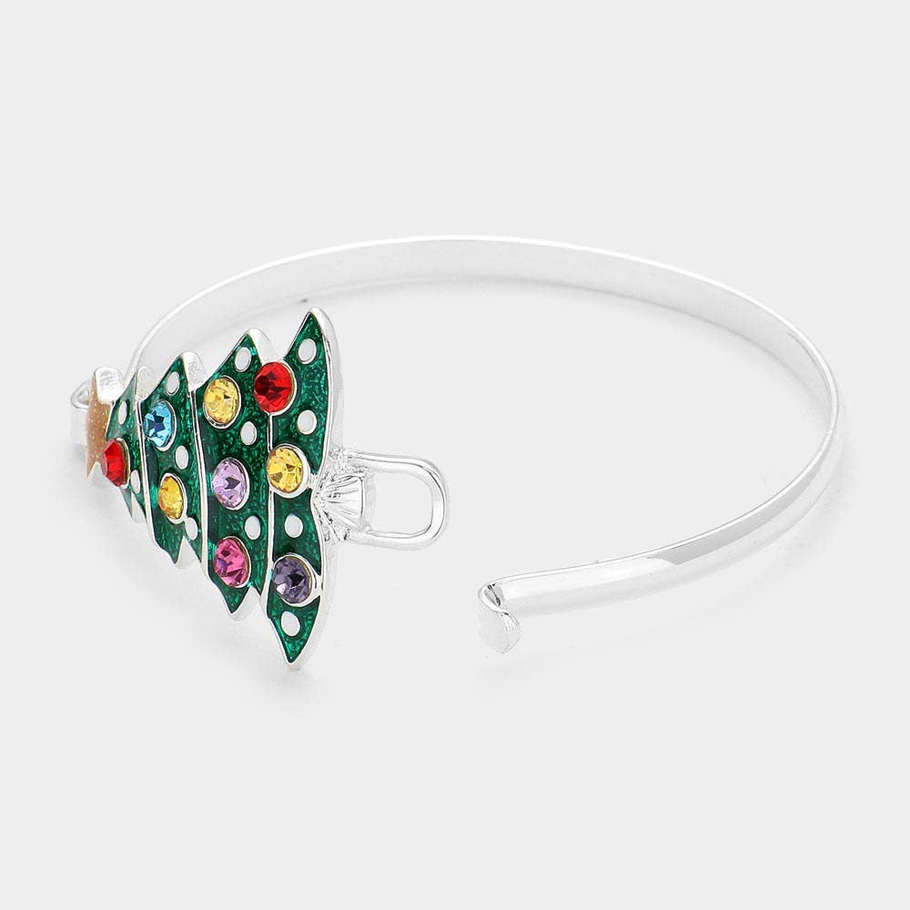 Stone Embellished Enamel Christmas Tree Bangle Bracelet