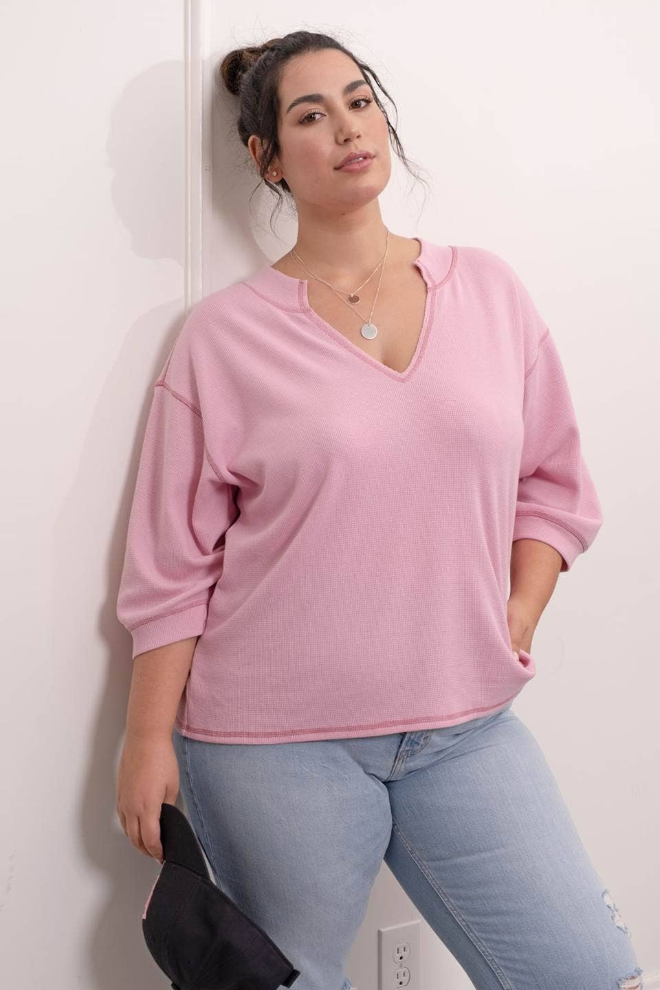 PLUS 3/4 SLEEVE KNIT TOP: PINK