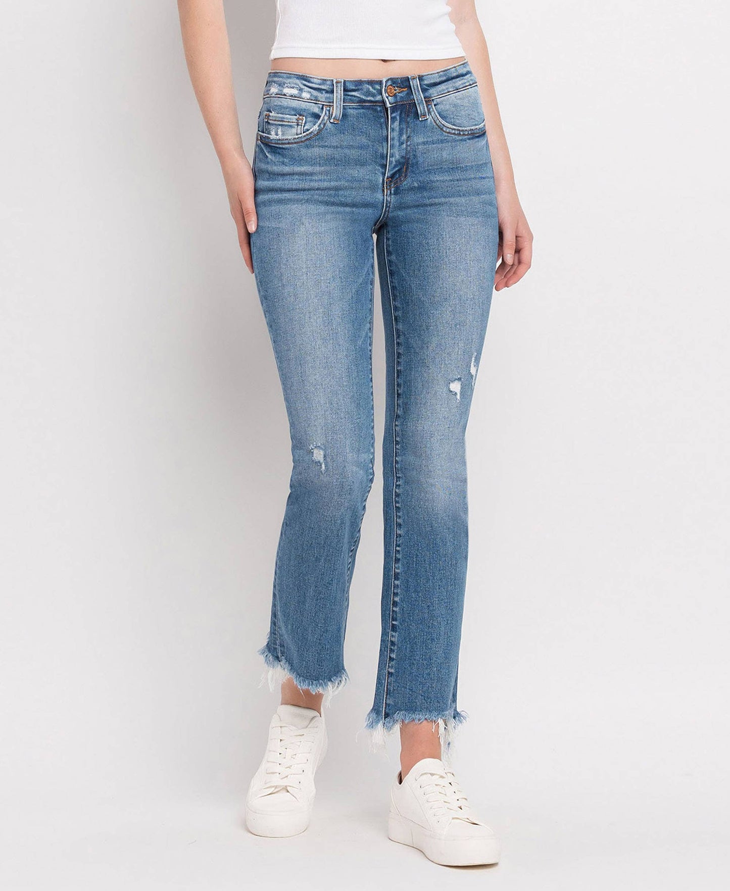 FLYING MONKEY MID RISE DISTRESSED HEM ANKLE BOOTCUT JEANS