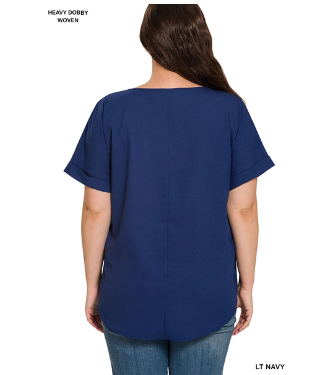PLUS WOVEN HEAVY DOBBY ROLLED SLEEVE V-NECK TOP