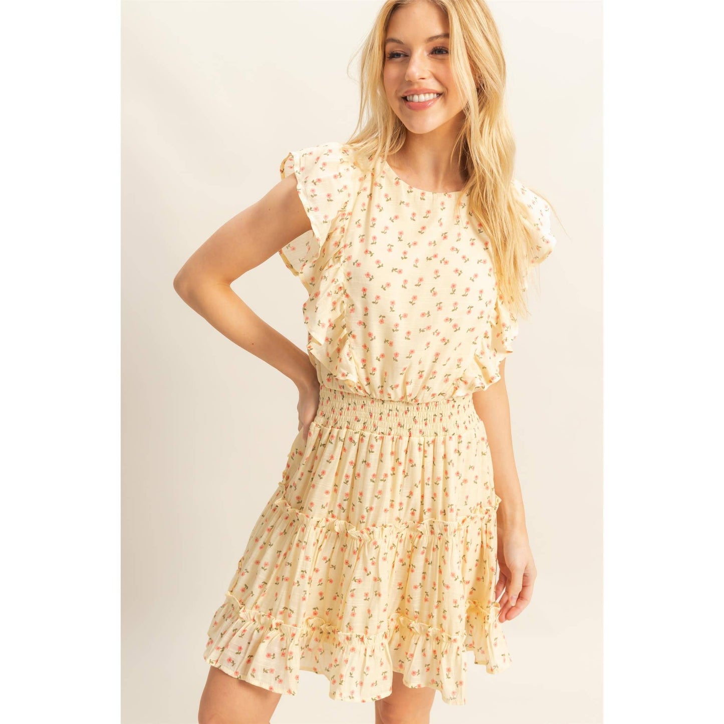 Ditsy Floral Print Ruffle Mini Dress: BUTTER