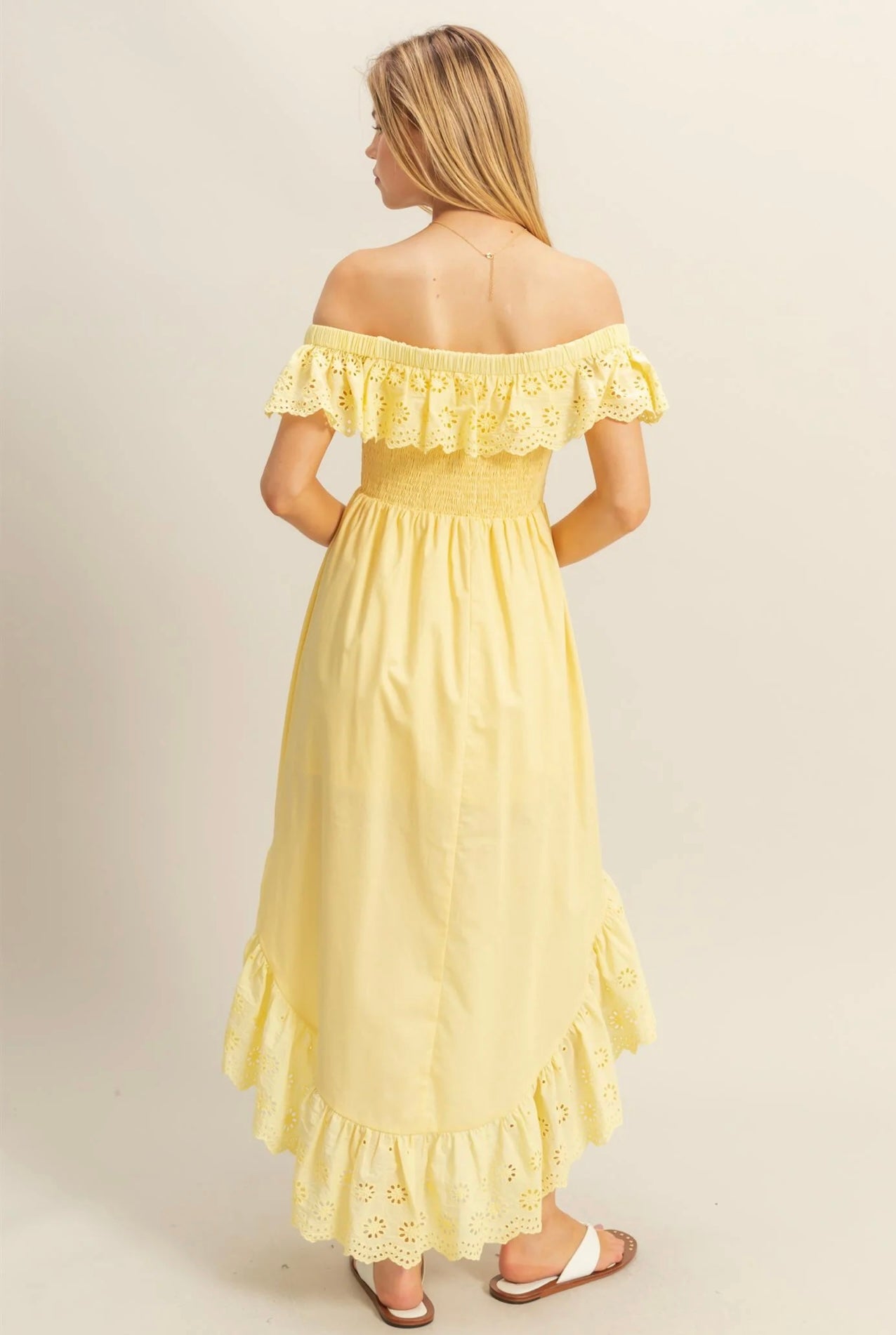 Smocked Bodice High-Low Hem Midi Dress