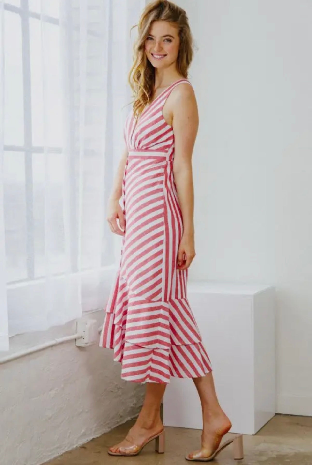 Plus Striped Button Down Midi Dress