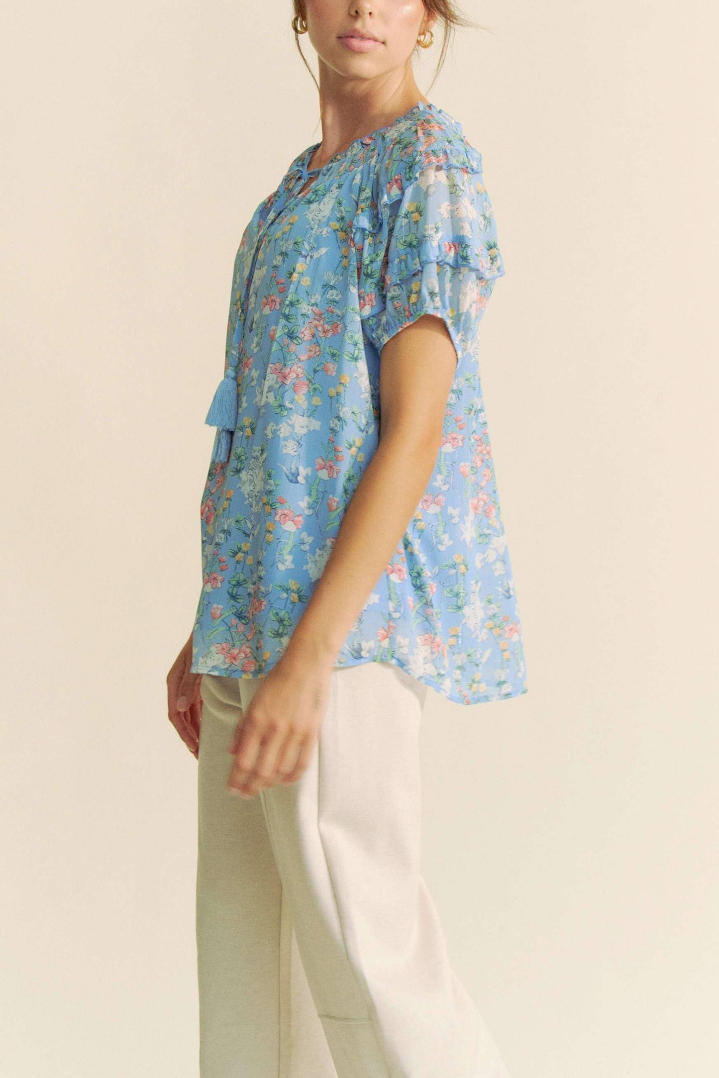 PRINTED RUFFLE SHORT SLEEVE TOP