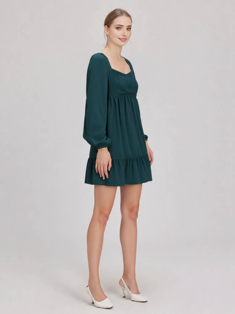 Bust Pleated Backless Mini Dress: FOREST