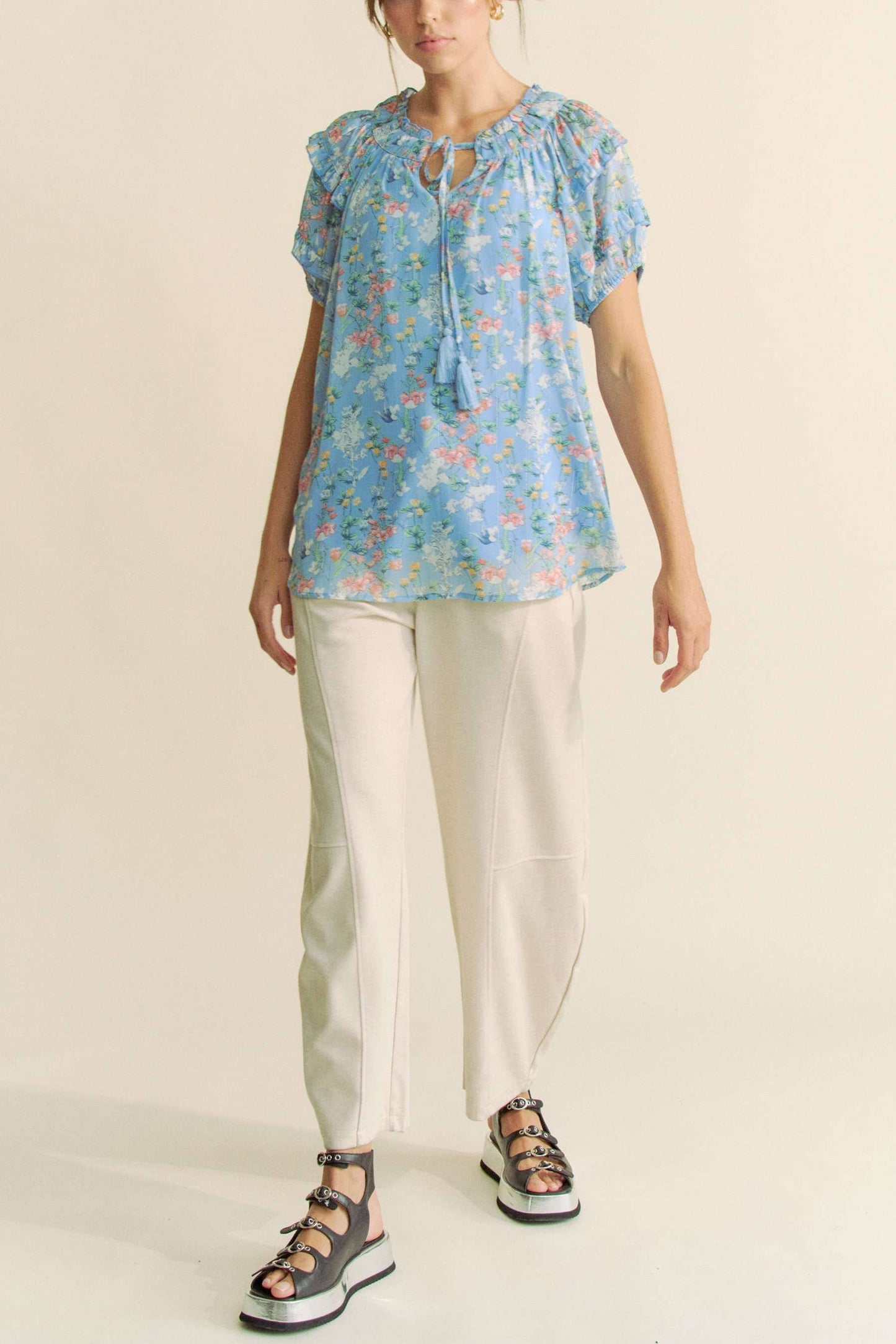 PRINTED RUFFLE SHORT SLEEVE TOP