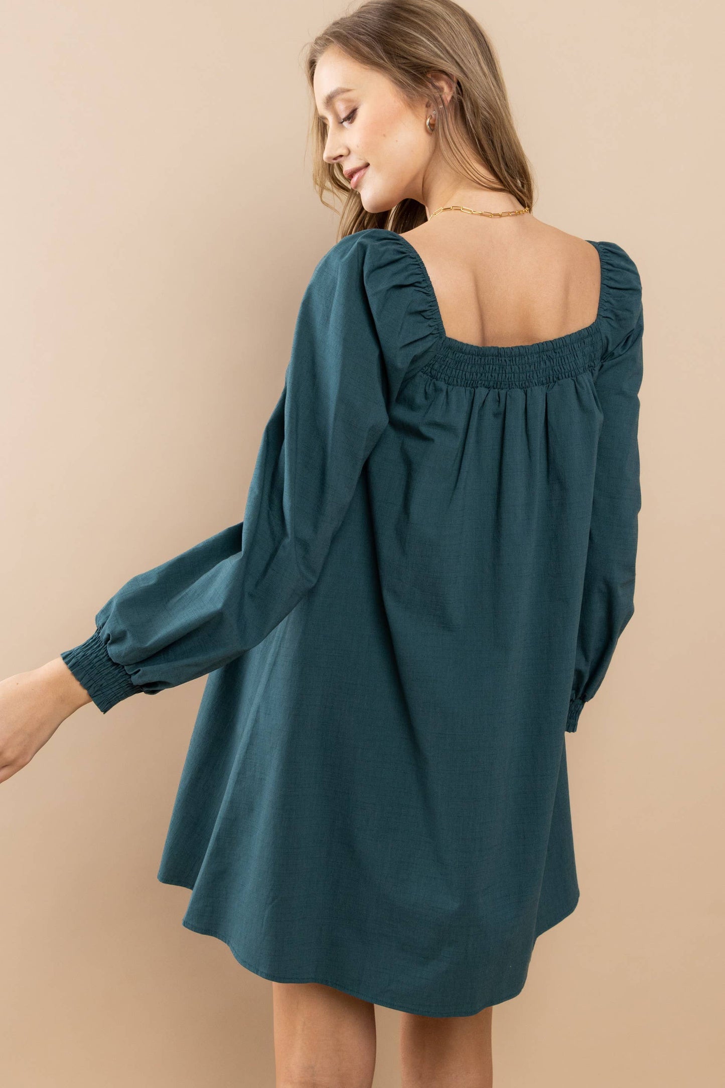 Smocked On-Off Shoulder Dress: Dark Teal