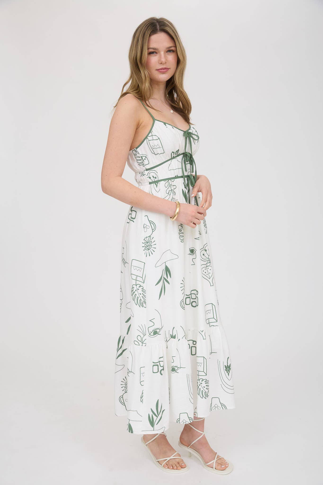 DOODLE LINE PRINT FRONT TIE DETAIL MIDI DRESS: MOSS GREEN