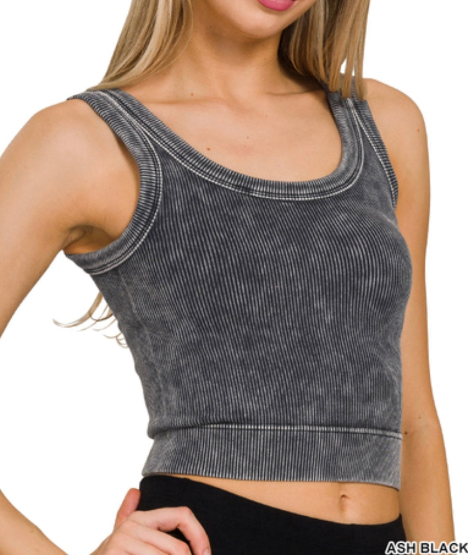 Acid Washed Ribbed Scoop Neck Crop Tank