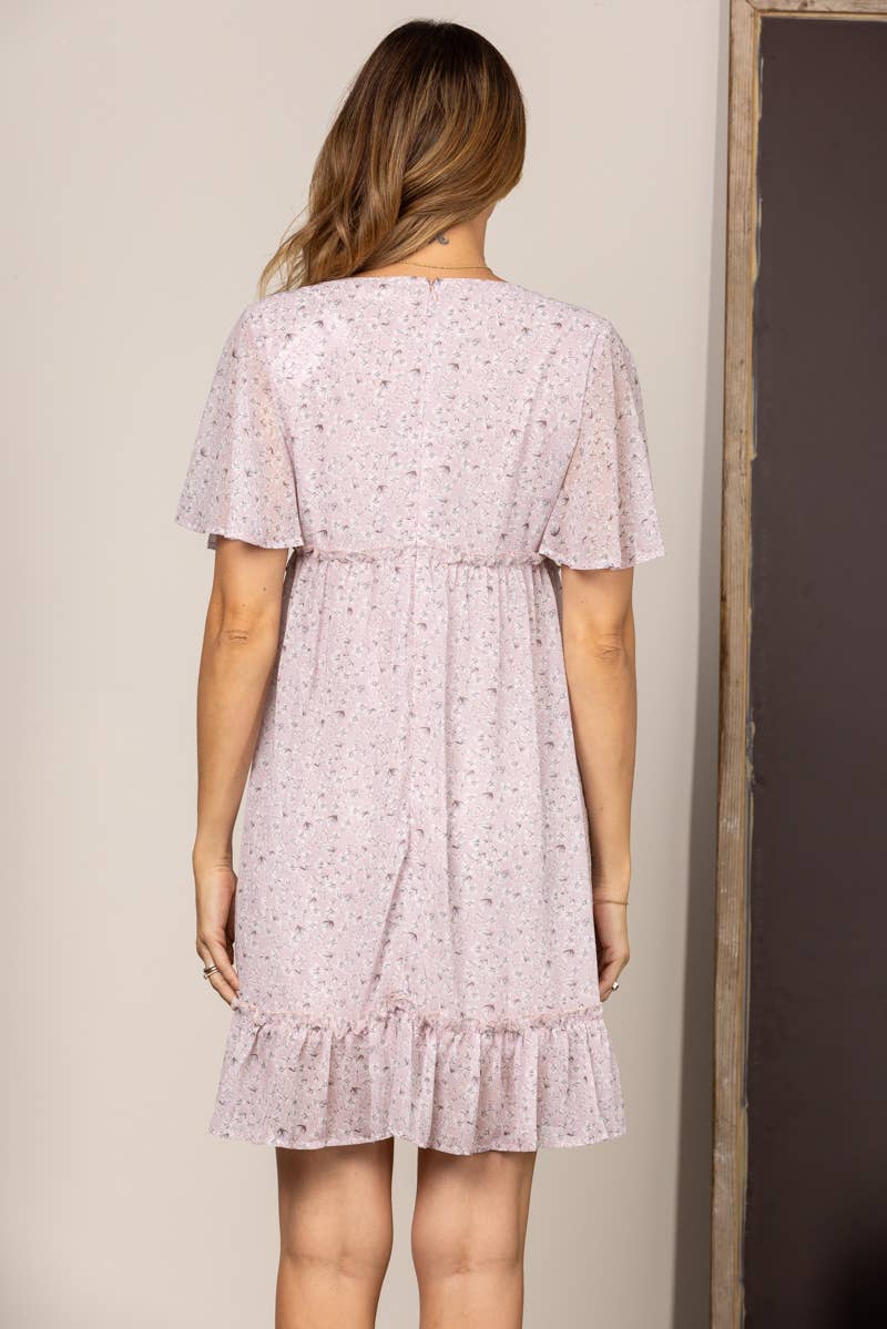 BLUSH CHIFFON FLORAL BELL SLEEVES RUFFLED MINI DRESS