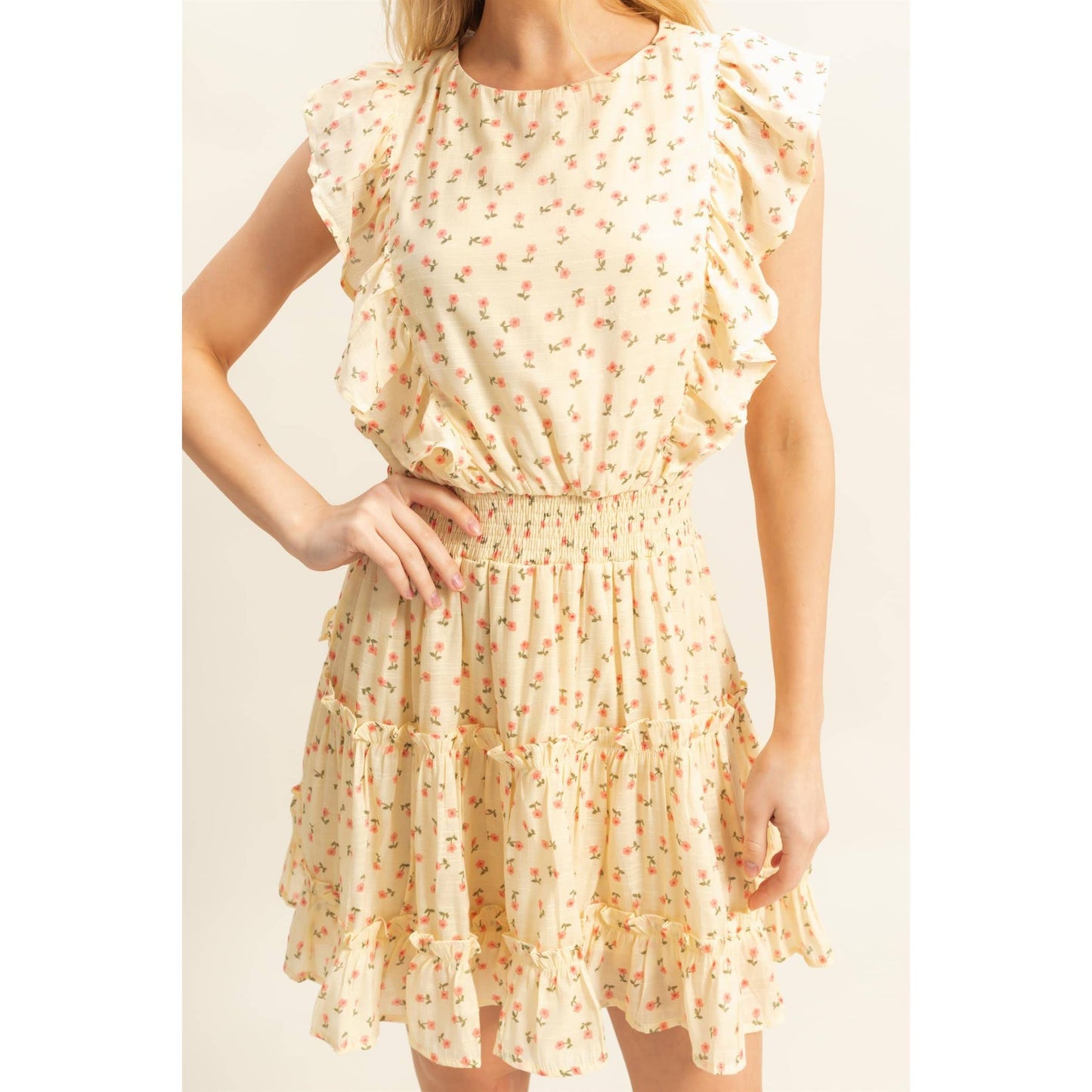 Ditsy Floral Print Ruffle Mini Dress: BUTTER