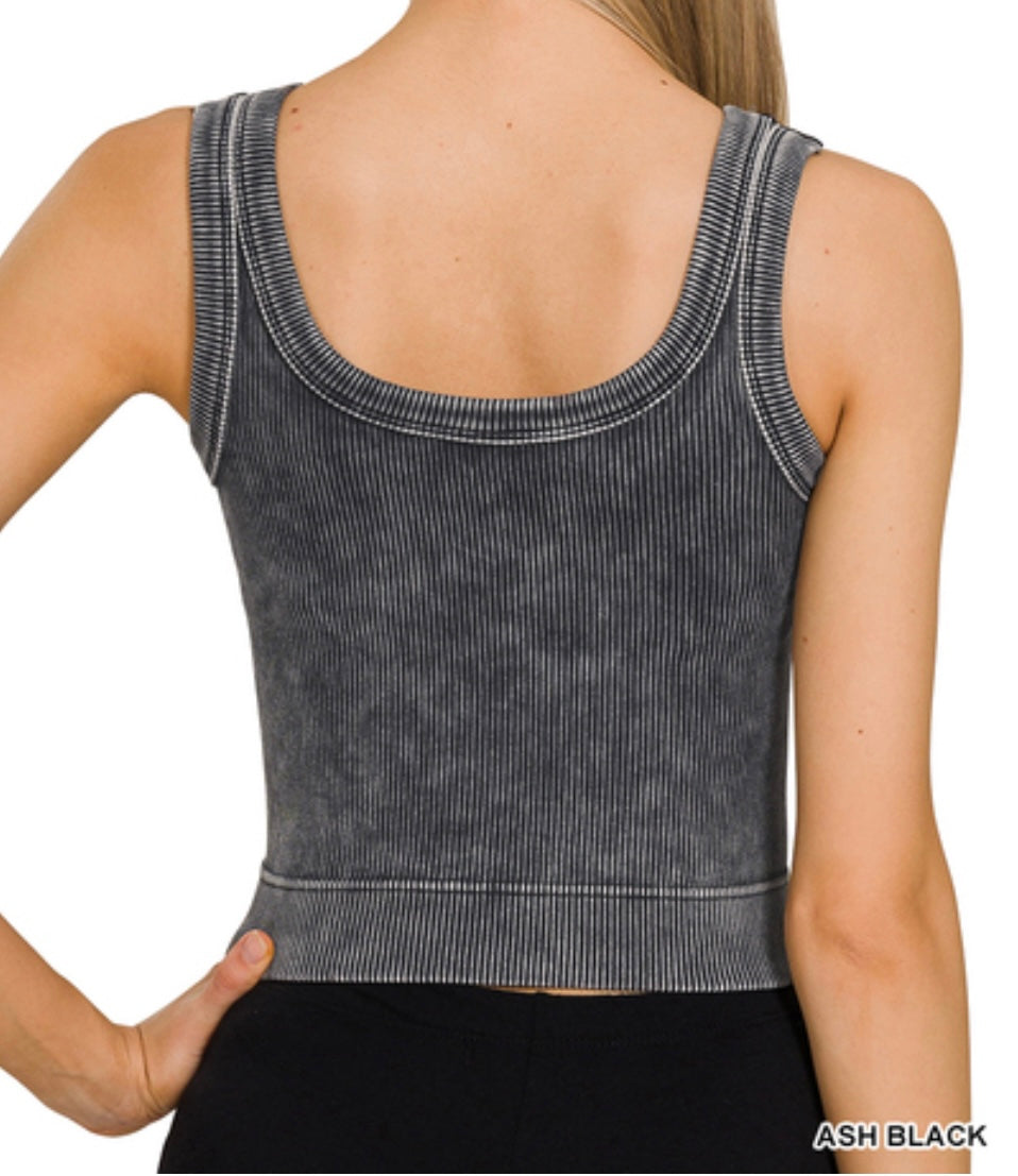 Acid Washed Ribbed Scoop Neck Crop Tank