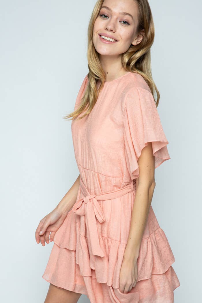 PEACH ROUND NECK RUFFLED SLEEVES AND HEM MINI DRESS