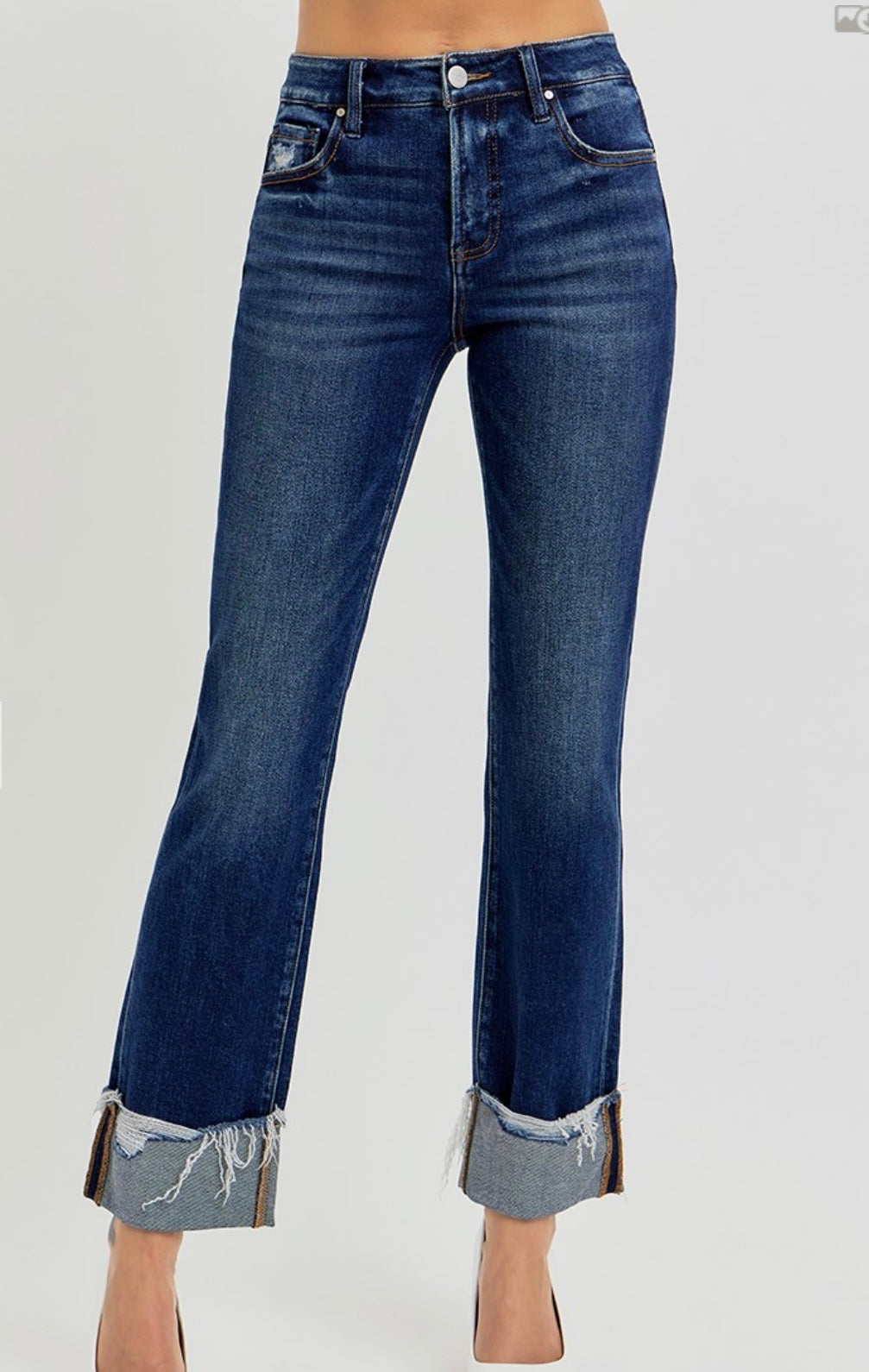 RISEN TUMMY CONTROL HIGH RISE CROP STRAIGHT CUFFED JEANS