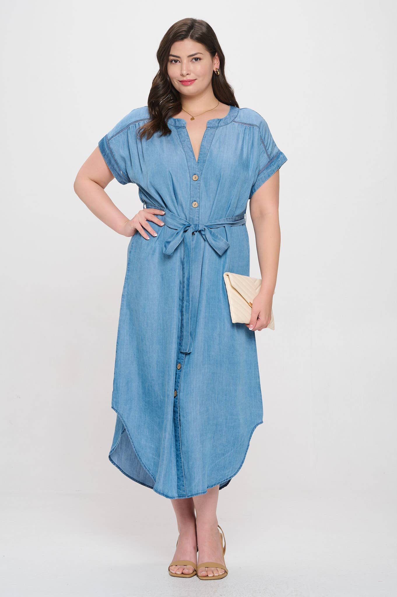 PLUS CHAMBRAY BUTTON DOWN BELTED MIDI DRESS: CHAMBRAY