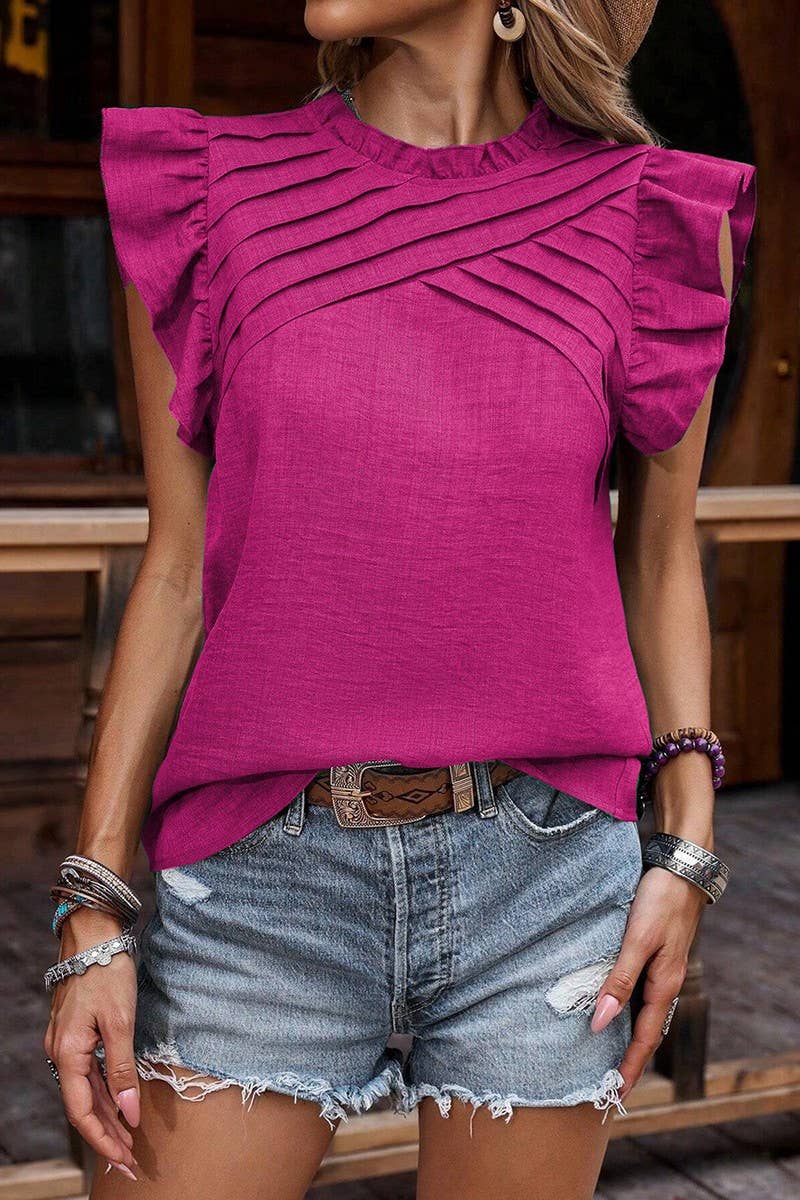 RUFFLE SLEEVE PLEATED SHORT SLEEVE TOP