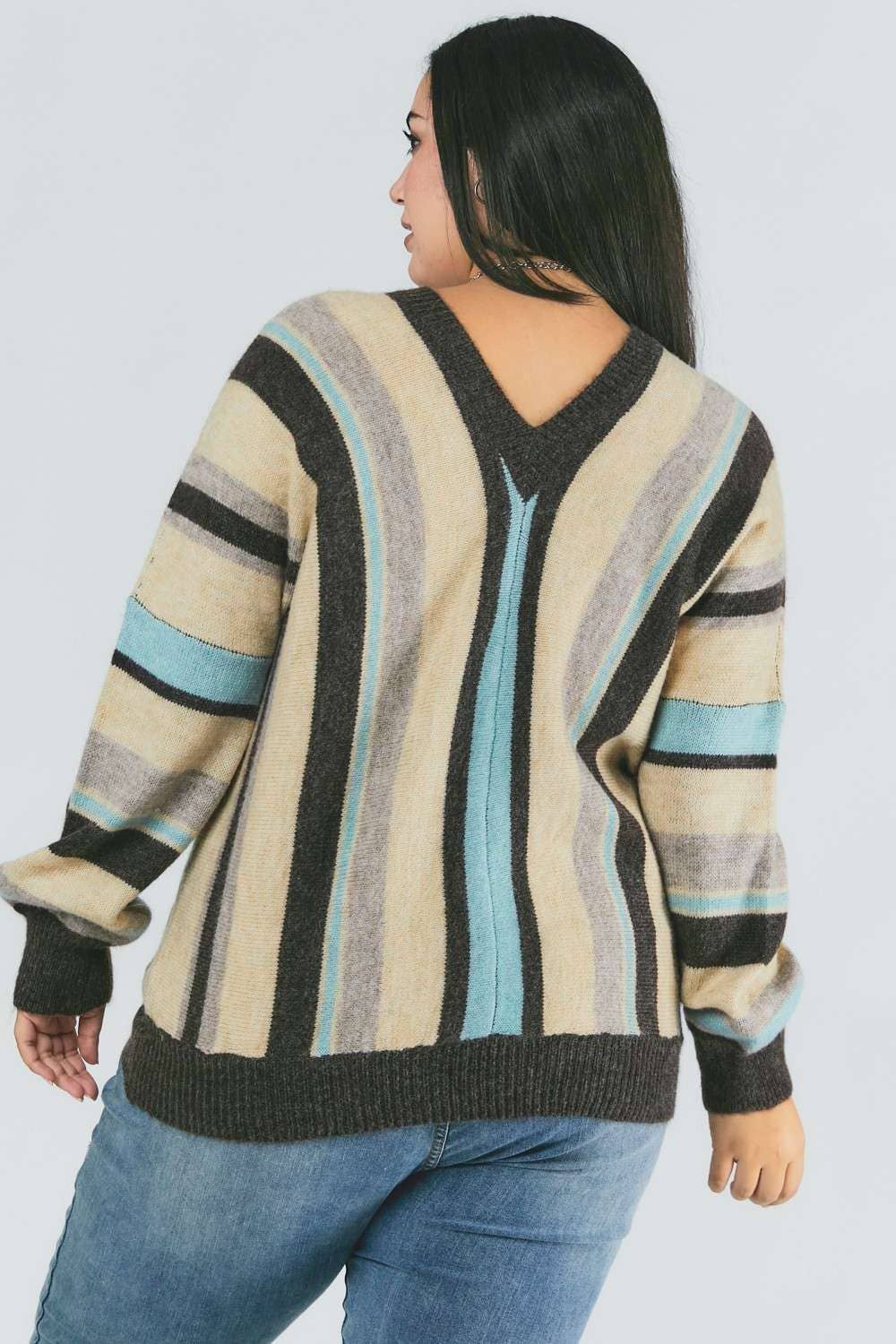 PLUS STRIPED V NECK SWEATER