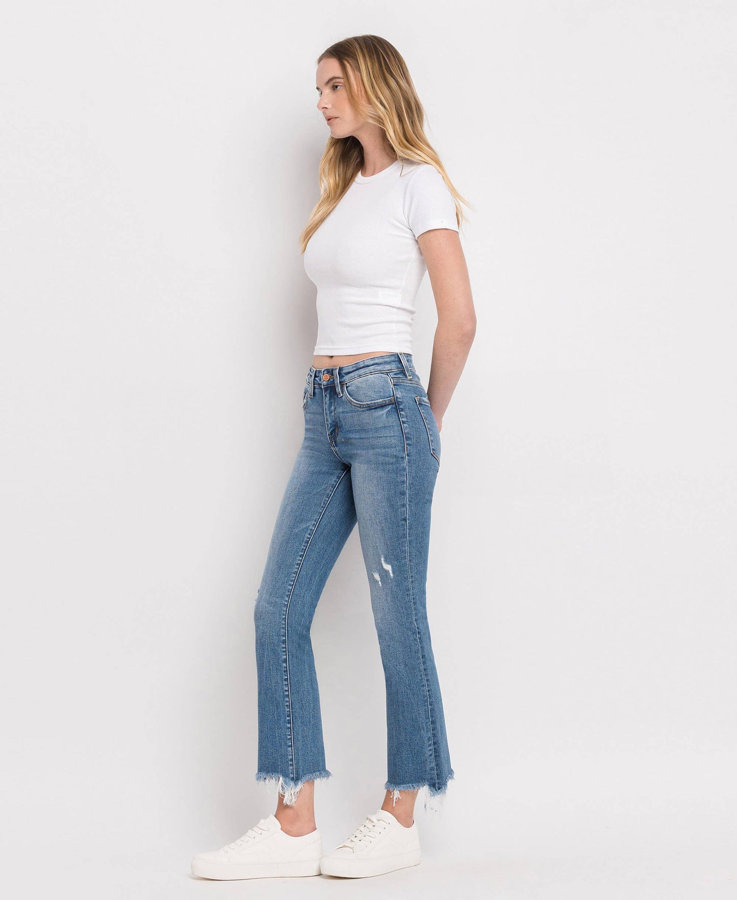 FLYING MONKEY MID RISE DISTRESSED HEM ANKLE BOOTCUT JEANS