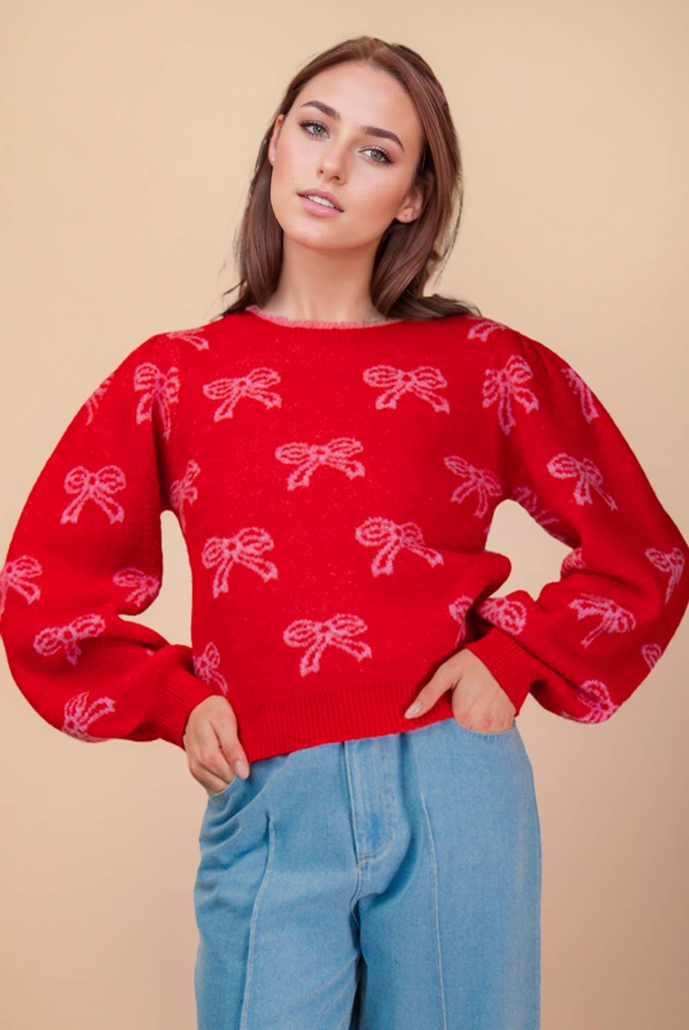 Bow Printed Puff Shoulder Knit Sweater