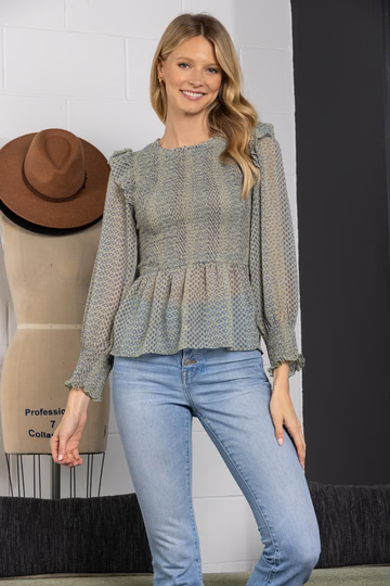SAGE RUFFLED SHIRRING PEPLUM LONG SLEEVE TOP