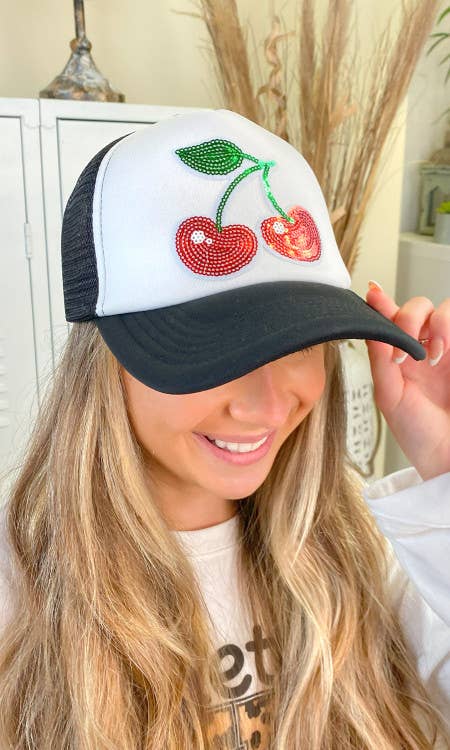 Sequin Cherries Trucker Hat: Black/White